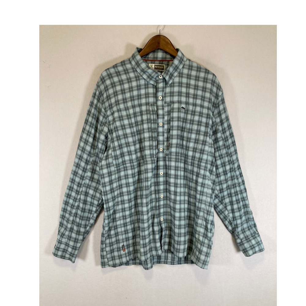 Outdoor Simms Mens XL Blue Plaid Insect Shield Vented Fishing Button Down Shirt